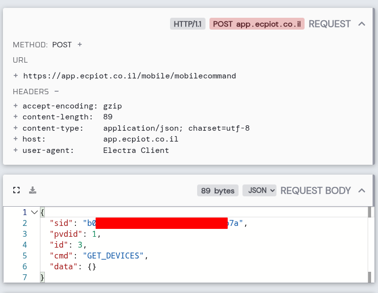 HTTP Toolkit showing a GET_DEVICES API request with the session ID and an empty data object in the JSON body.