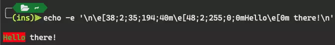 Terminal output showing Hello with green text on red background using CSI 48 escape sequence